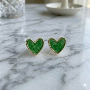 Heart Enamel Stud Earrings Green Gold-tone Egde NWOT
